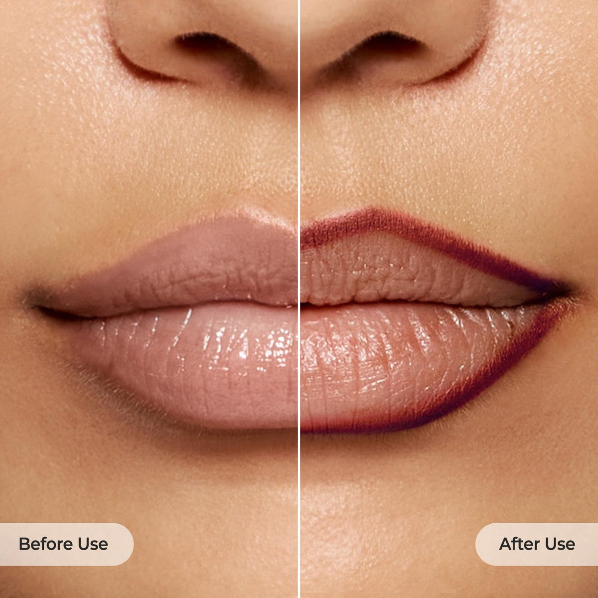 Laka lip liner swatches on lips demonstrating Velvet Hour color payoff