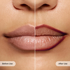 Laka lip liner swatches on lips demonstrating Velvet Hour color payoff
