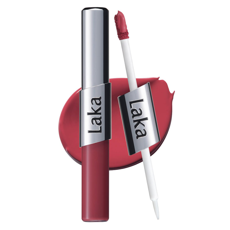 Laka front packaging of dual-ended lip pen showing shade name and benefits