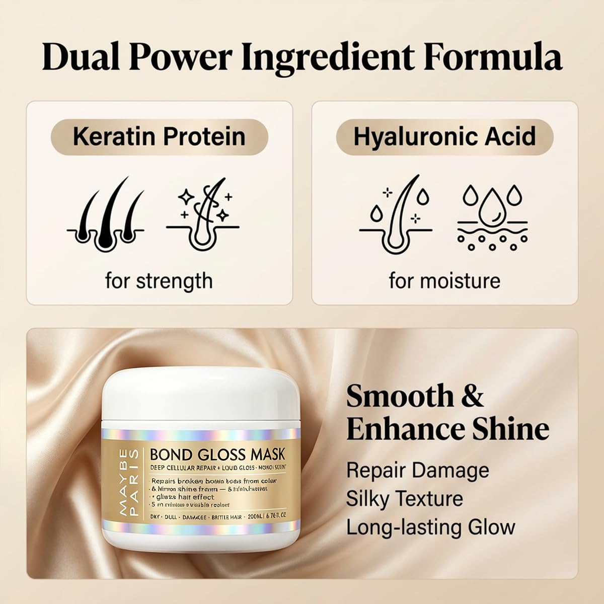 Lalena Maybe Paris Bond Gloss Mask ingredients label highlighting keratin and hyaluronic acid benefits