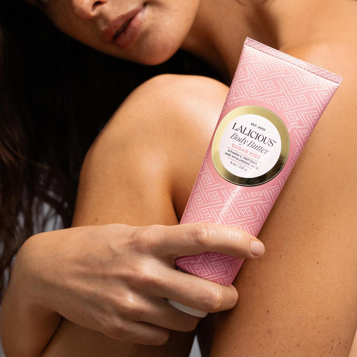 LALICIOUS body butter staged in bathroom setting for daily ritual appeal