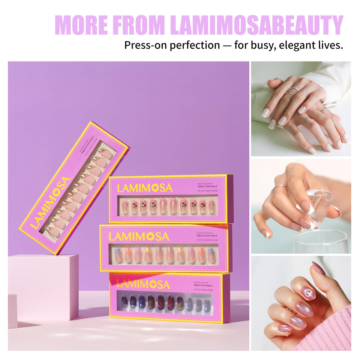 LAMIMOSA nails beside coin to demonstrate realistic scale and sizing