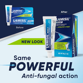 Lamisil tube close-up label highlighting terbinafine strength and clarity