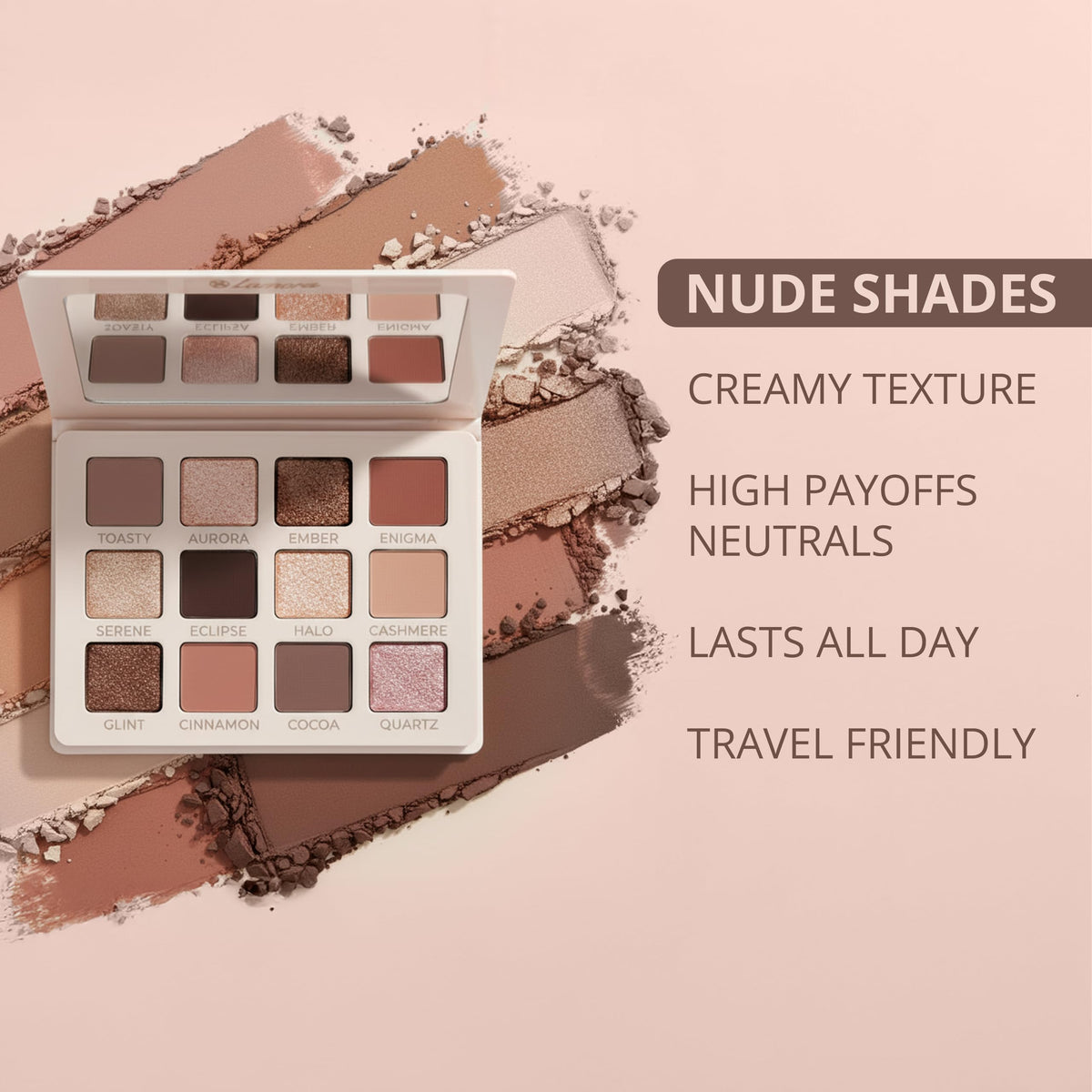 Lamora eyeshadow applied on model illustrating wearable everyday and evening looks