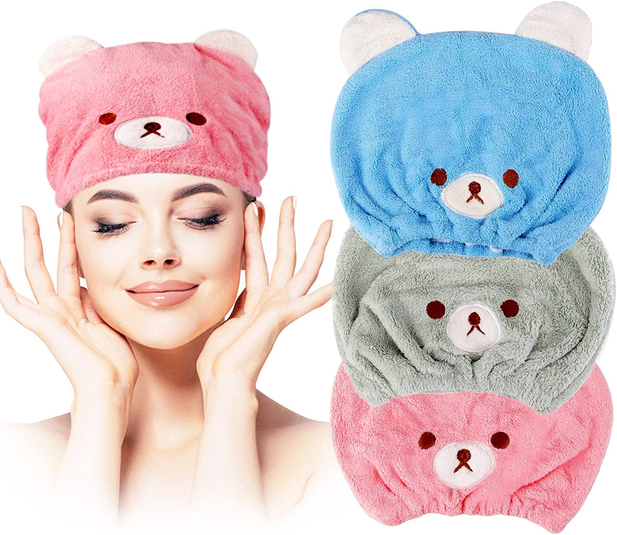 Lamoutor front view of three kids hair towels showing packaging and colors for quick drying