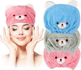 Lamoutor front view of three kids hair towels showing packaging and colors for quick drying