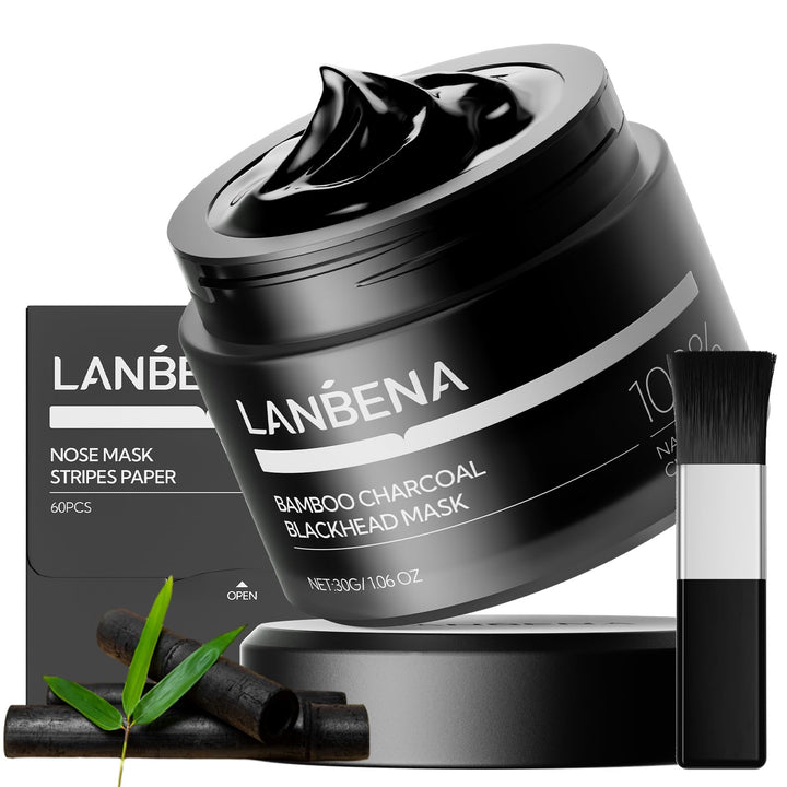 LANBENA front packaging bottle showing 60 strips and clear labeling benefit: clear pores