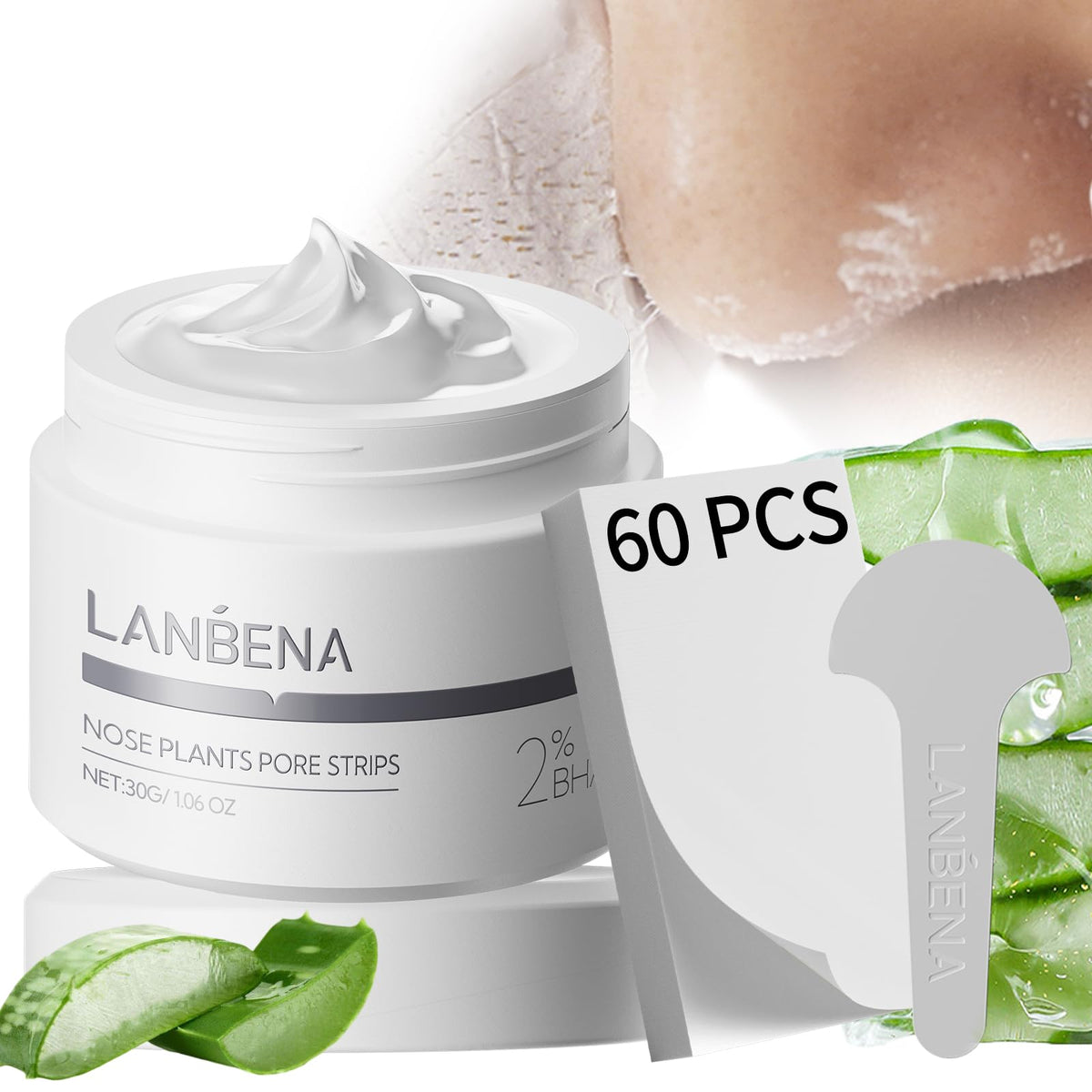 LANBENA front packaging showing pack of 60 pore strips, clear labeling benefit