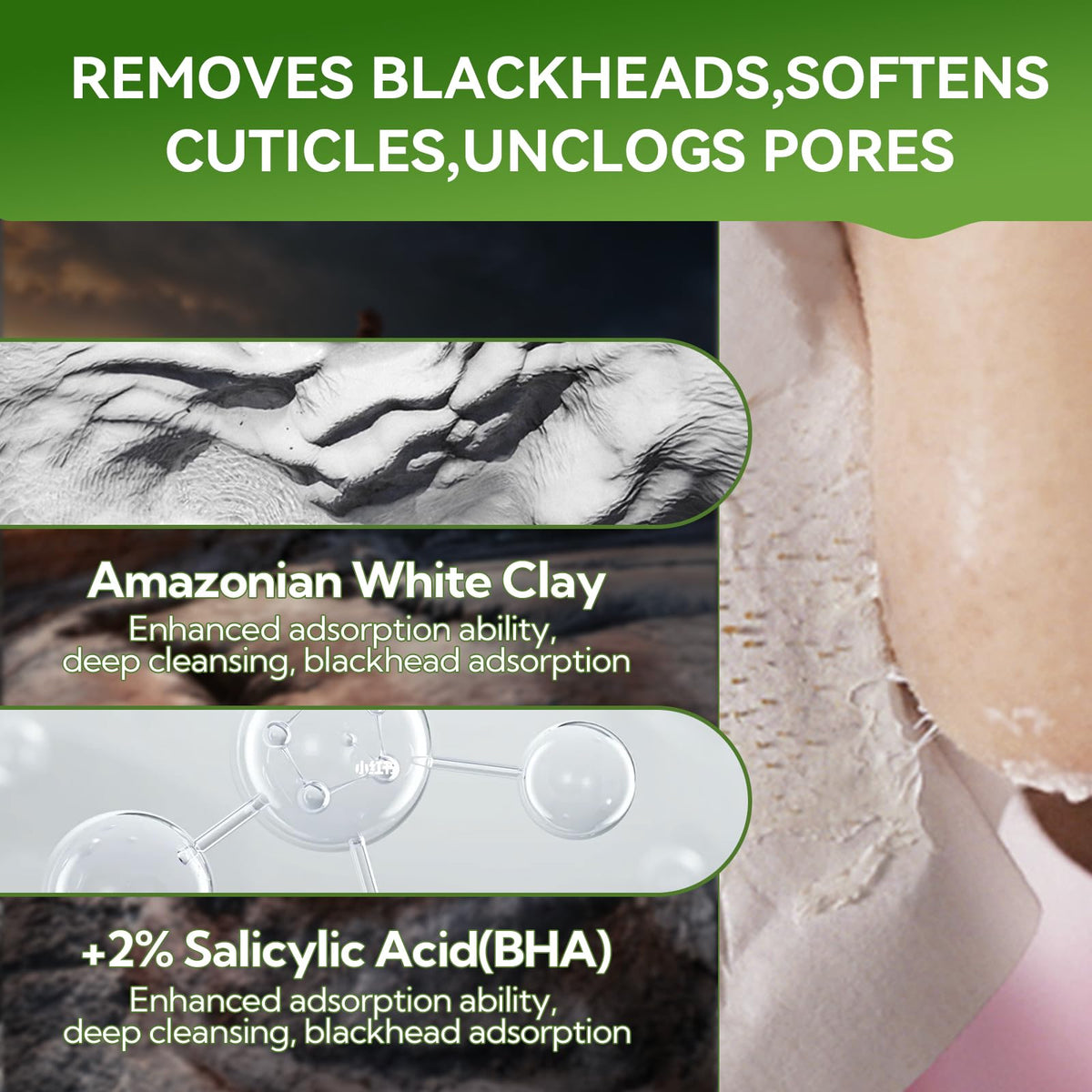 Removed strip showing extracted blackheads and cleaner skin with LANBENA