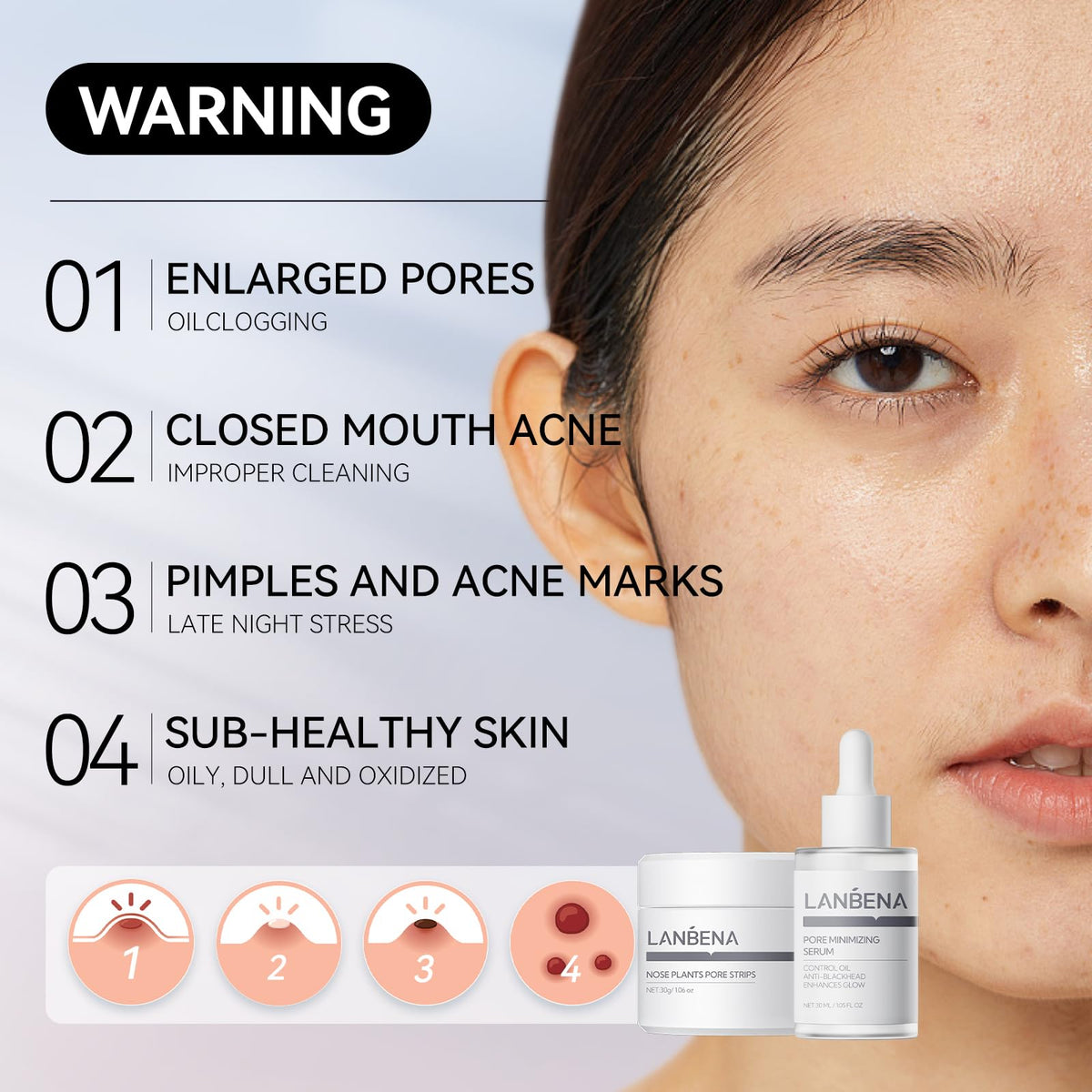 LANBENA pore-minimizing serum bottle highlighting label and hydrating benefit