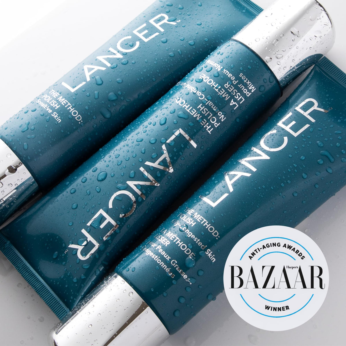 Lancer texture close-up with visible mineral particles, gentle exfoliation benefit