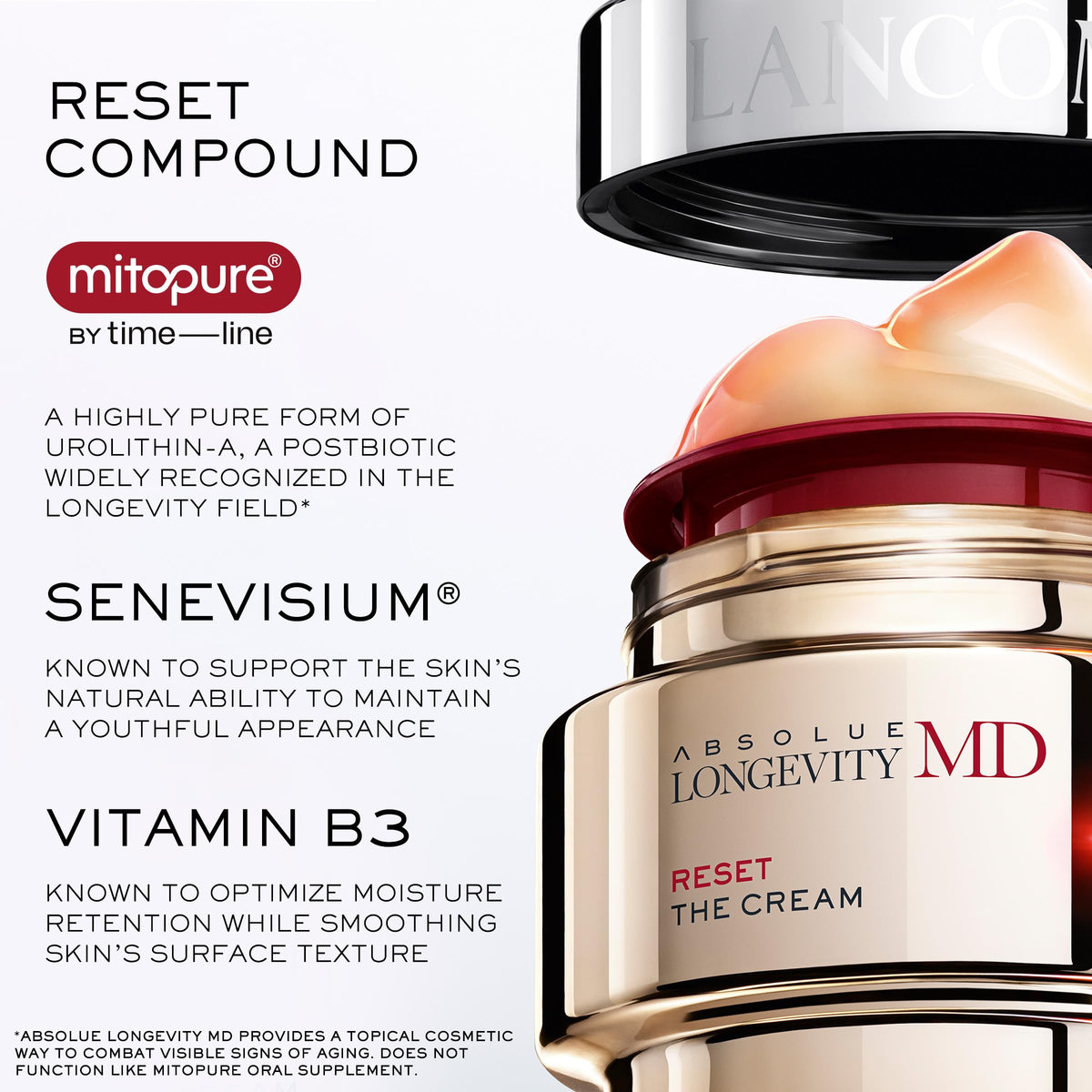 Lancôme ingredient spotlight on Mitopure vial, emphasizing longevity science benefit