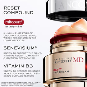 Lancôme ingredient spotlight on Mitopure vial, emphasizing longevity science benefit