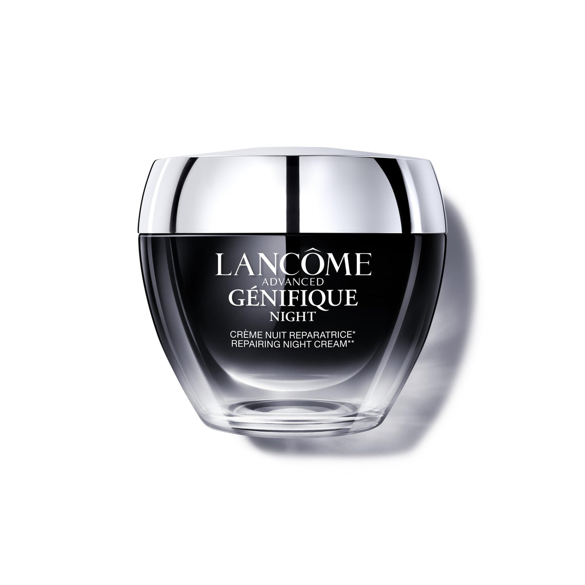 Lancôme jar front view showing product and branding, promoting nightly barrier repair