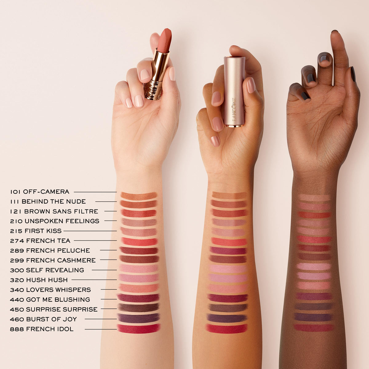 Lancôme applying 320 Hush Hush on lips illustrating easy glide