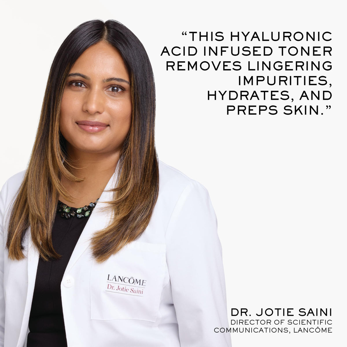 Lancôme label detail focusing on hyaluronic acid info and ingredient transparency