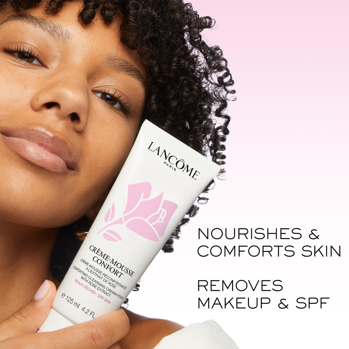 Lancôme foam on hand demonstrating gentle makeup removal and soothing cleansing
