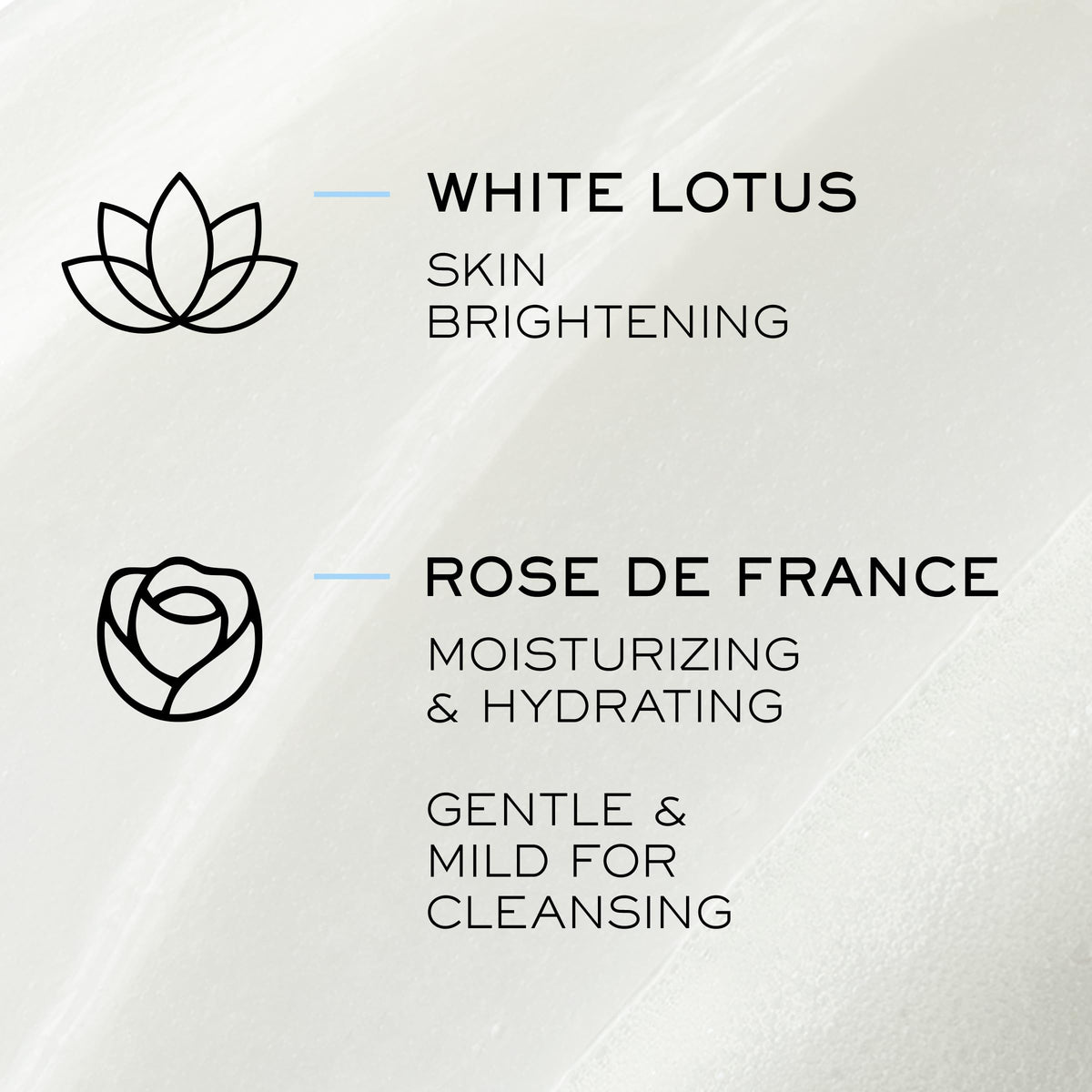 Lancôme label and ingredients panel highlighting White Lotus and Rose de France benefit: antioxidant soothing