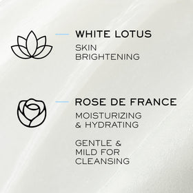 Lancôme label and ingredients panel highlighting White Lotus and Rose de France benefit: antioxidant soothing
