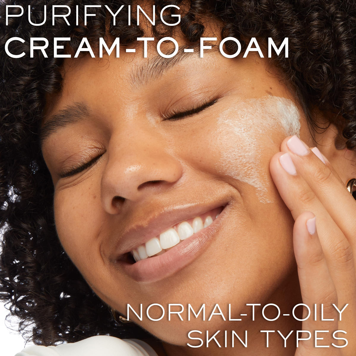 Lancôme texture closeup of cream-to-foam transition displaying smooth lather benefit: gentle cleanse