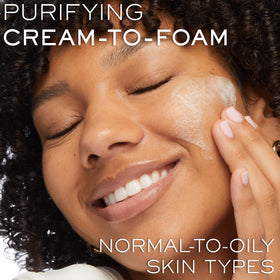 Lancôme texture closeup of cream-to-foam transition displaying smooth lather benefit: gentle cleanse