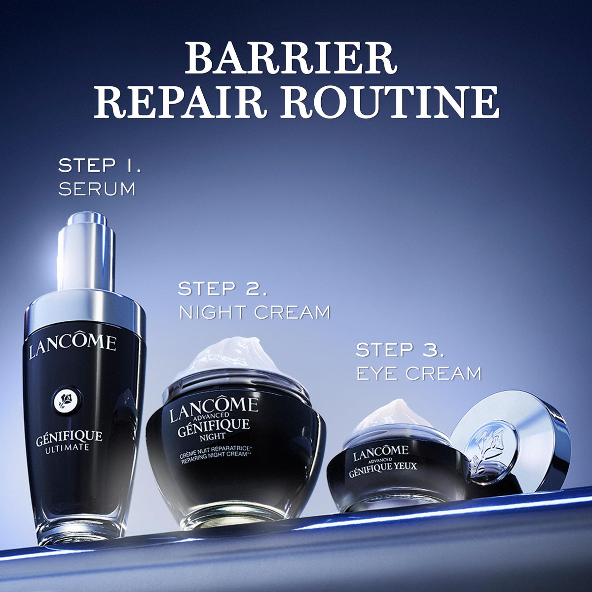 Lancôme refill pouch beside bottle showing refill option and reduced-waste advantage