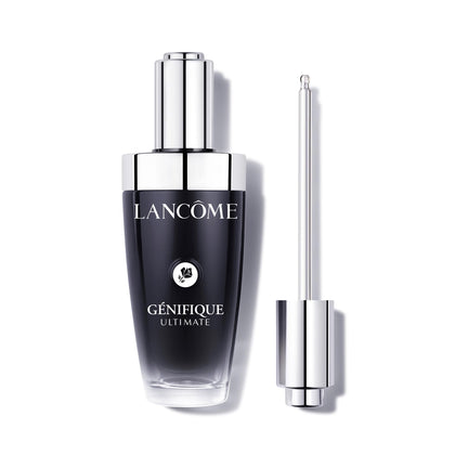 Lancôme Génifique front bottle showing elegant refillable design and premium finish, boosts routine