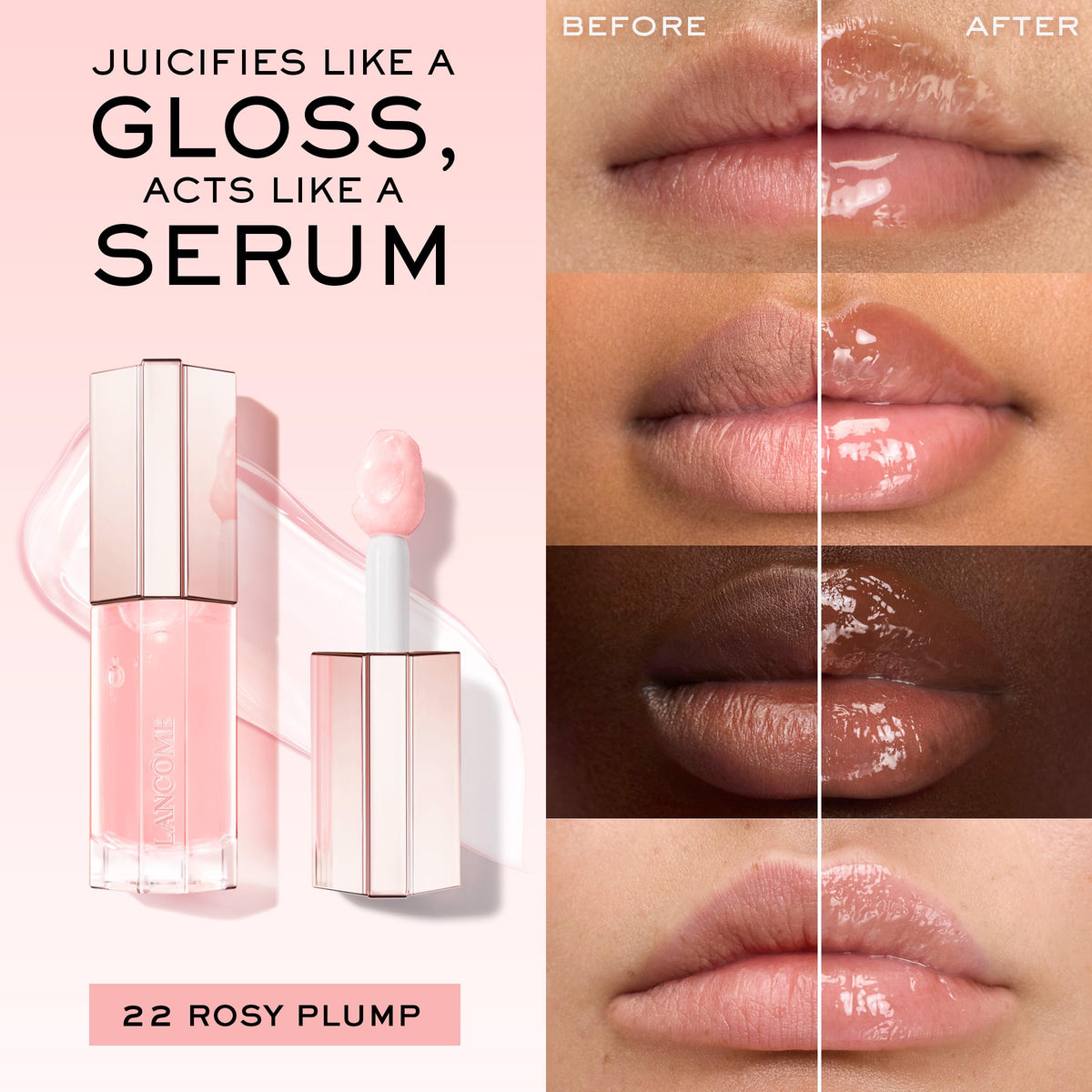 Lancôme JuicyTreat jumbo applicator close-up demonstrating even coverage benefit