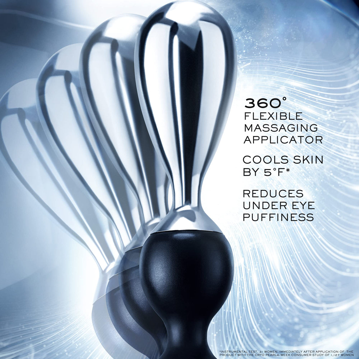Lancôme Cryo Pearl applicator closeup showing metal tip for instant cooling and massage benefit