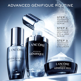 Lancôme bottle on bathroom vanity conveying daily routine use and elegant self‑care benefit