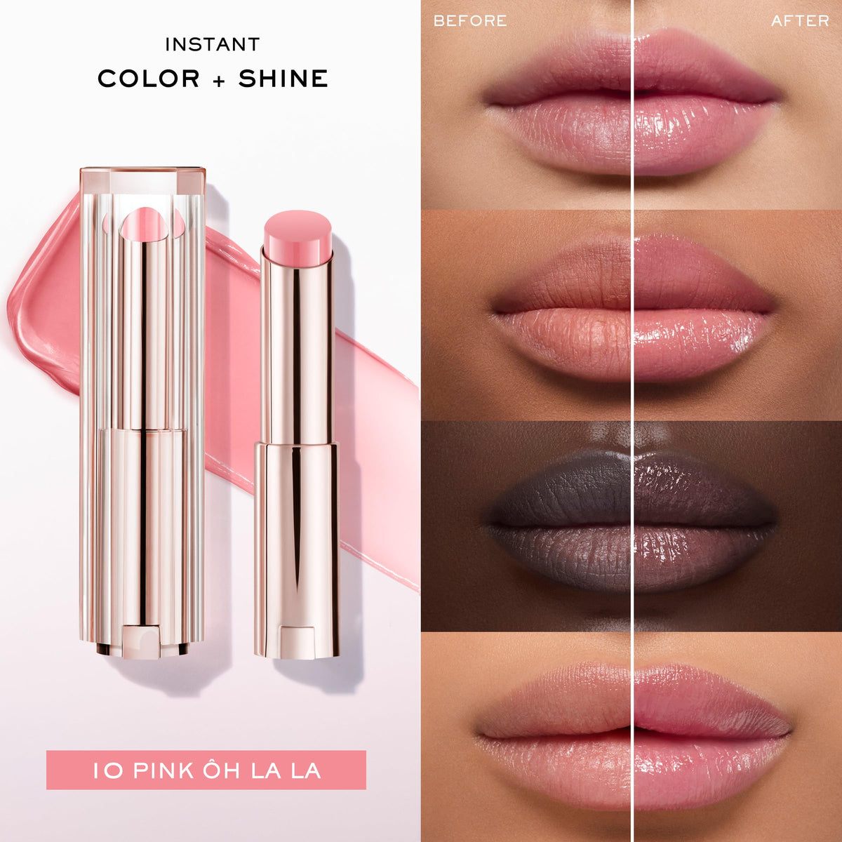 Lancôme lip balm applied on lips showing instant shine and hydration