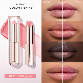 Lancôme lip balm applied on lips showing instant shine and hydration
