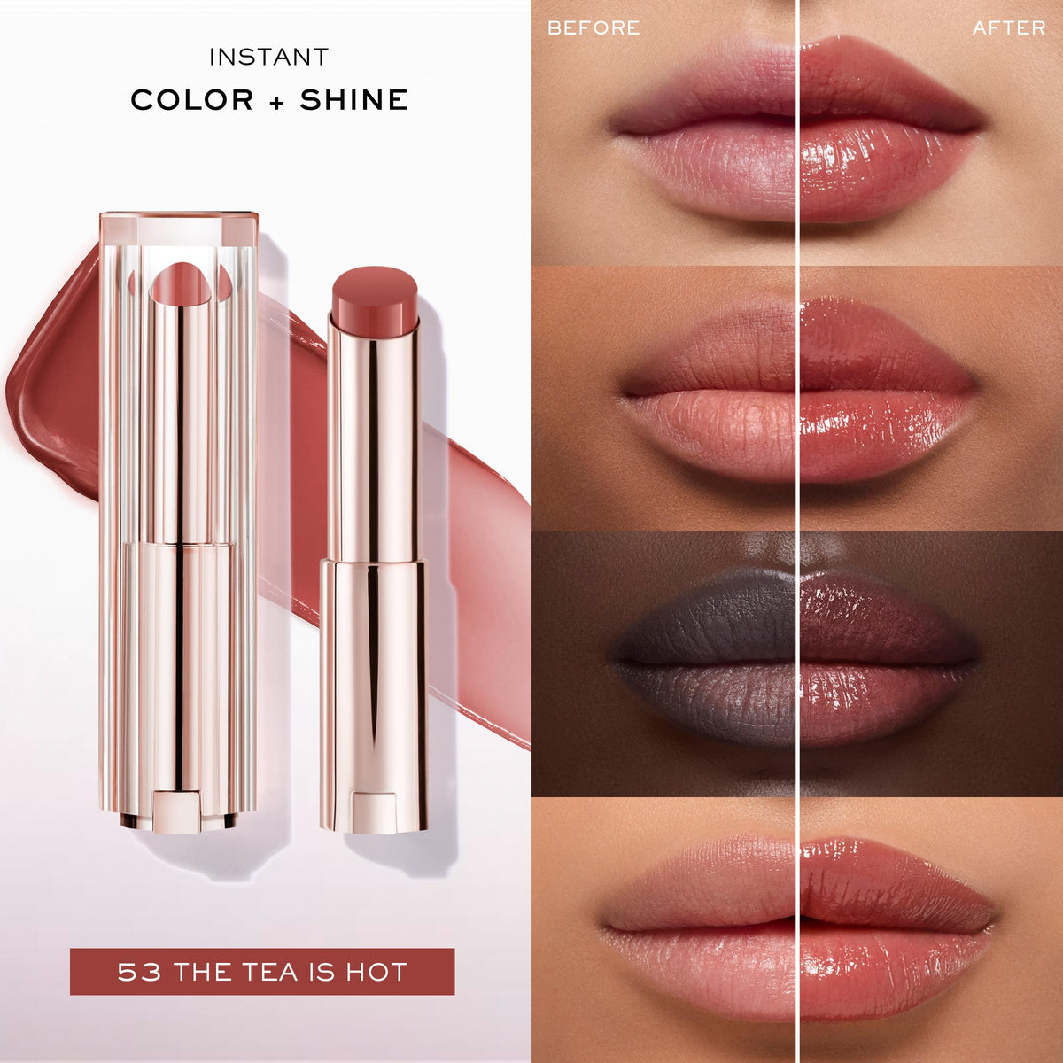 Lancôme swatch on skin demonstrating buildable color and glossy finish