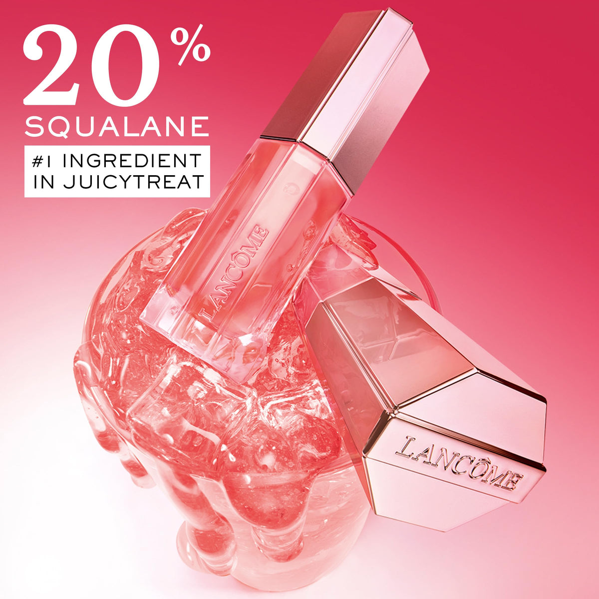 Lancôme JuicyTreat worn on lips in lifestyle shot for instant shine boost