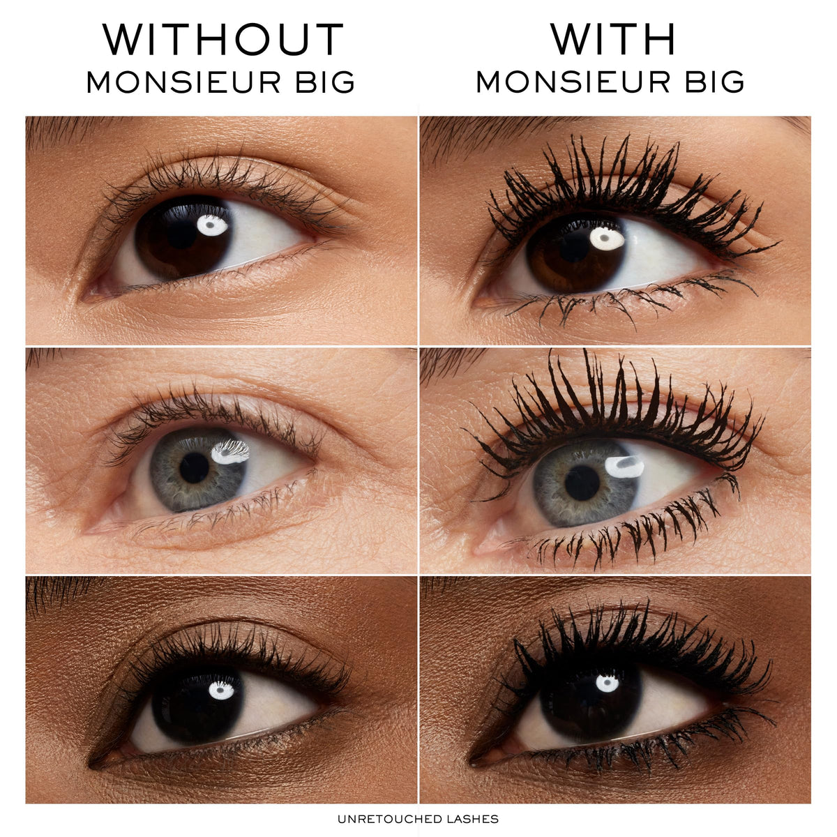 Lancôme Monsieur Big before and after lashes demonstrating dramatic visible volume