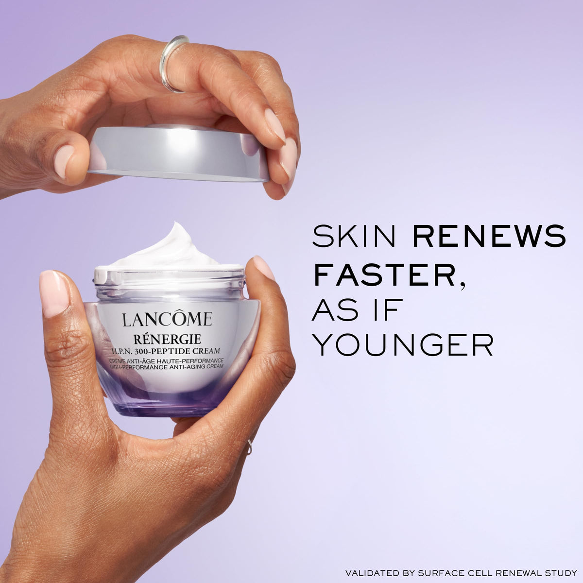 Lancôme refill pouch beside jar illustrating sustainable refill savings