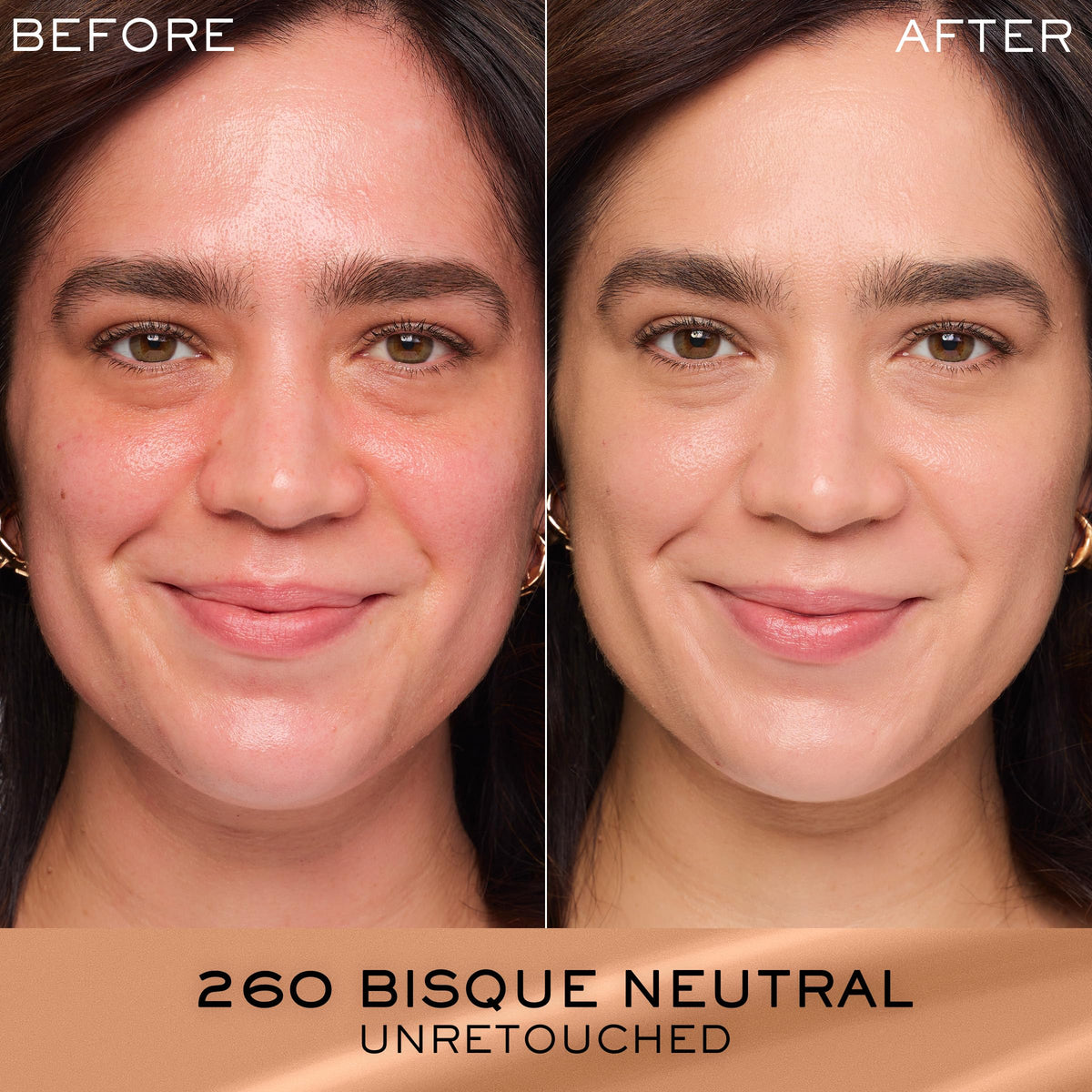 Lancôme swatches on arm illustrating shade 260 and buildable coverage benefit