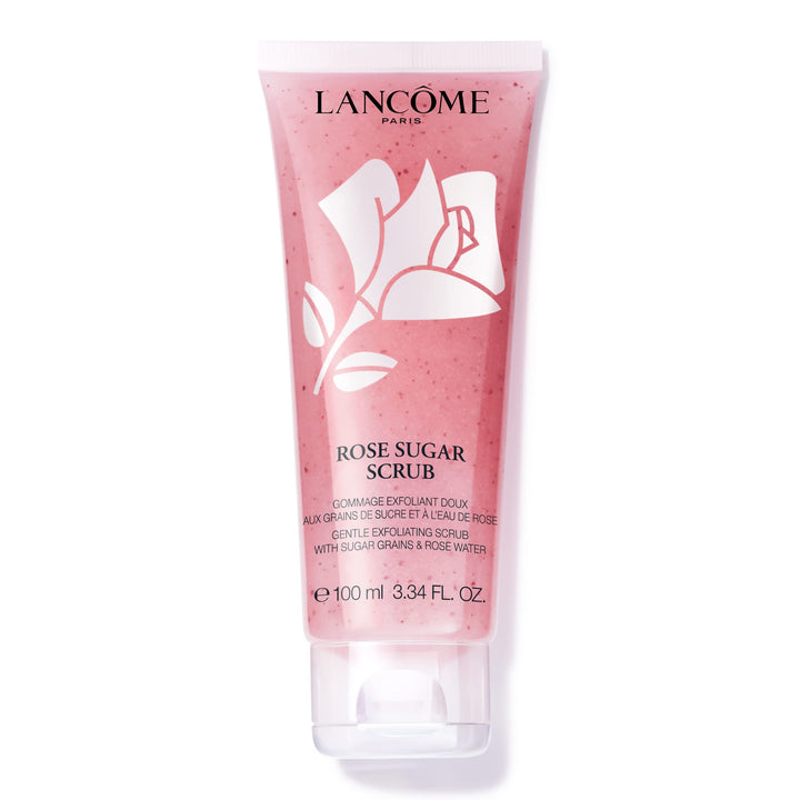 Lancôme front packaging showing the rose scrub jar and elegant label, conveys luxury and clarity