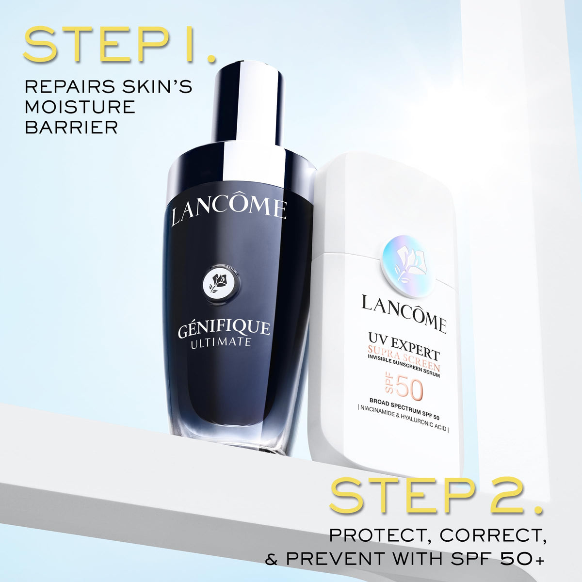 Lancôme on bathroom vanity in lifestyle shot suggesting daily morning routine