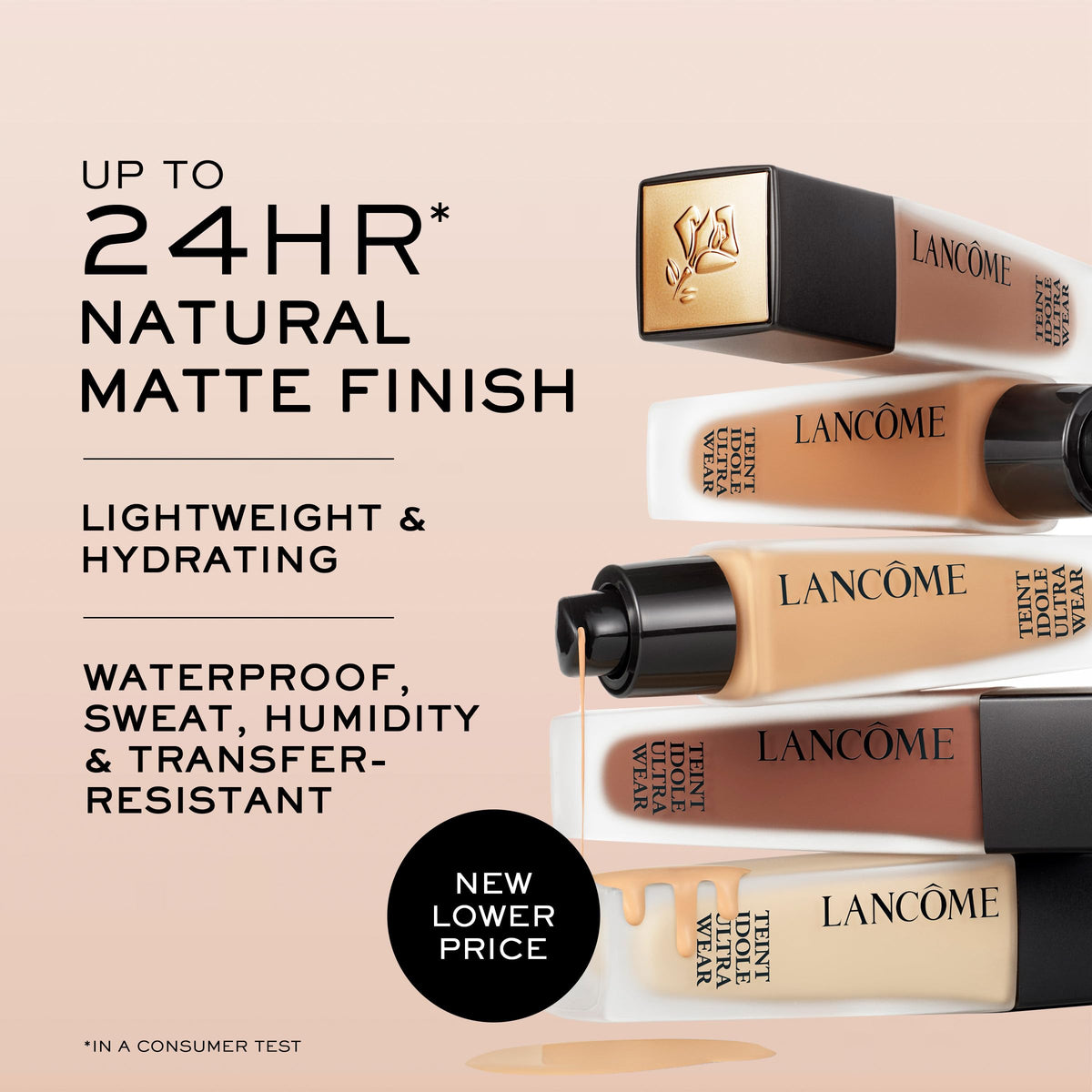 Lancôme pump and bottle label close-up highlighting hydration and longwear benefits