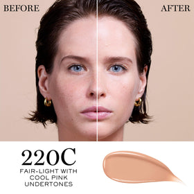 Lancôme pump and cap detail highlighting easy dispensing benefit: controlled application