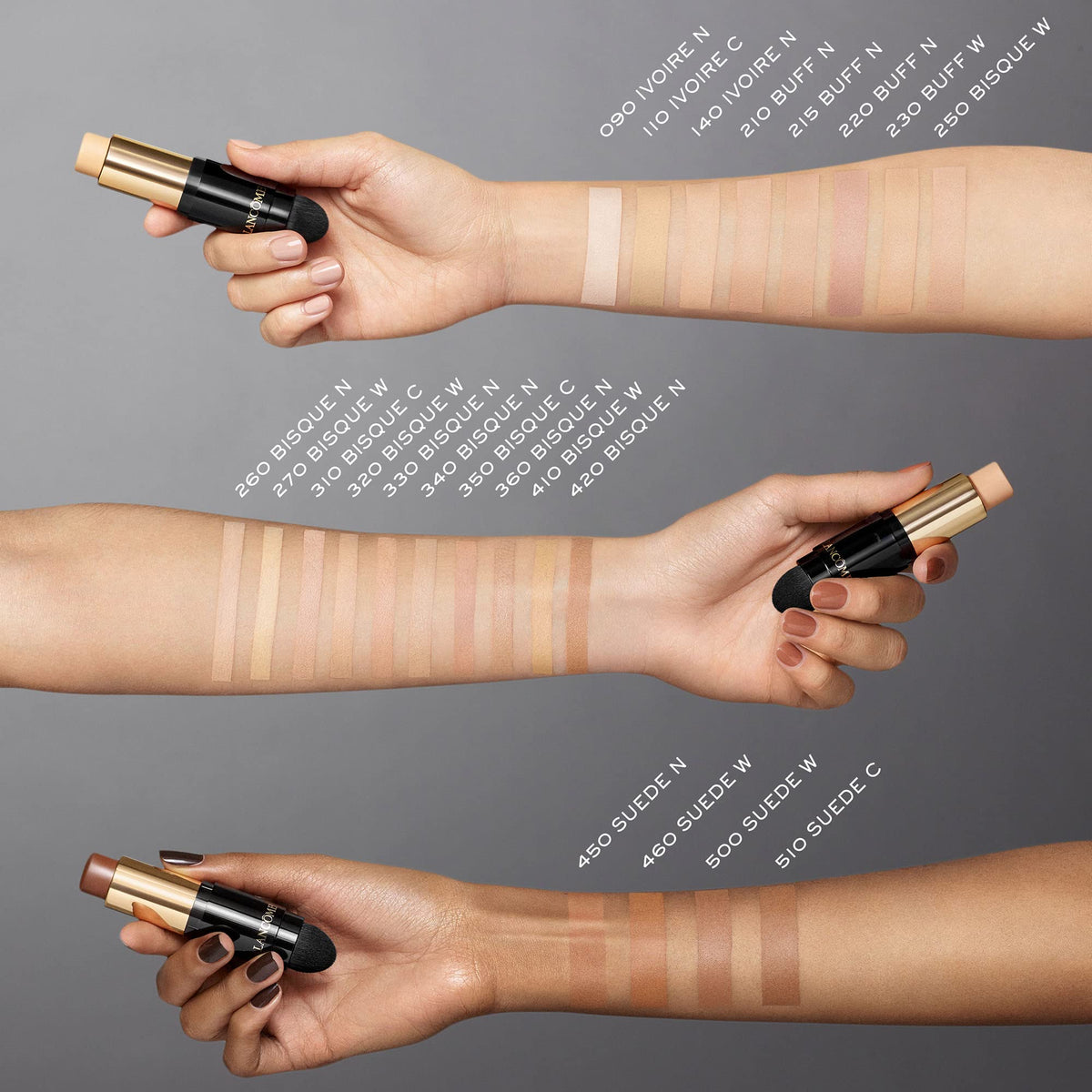 Lancôme applying stick to cheek with brush, quick seamless coverage benefit