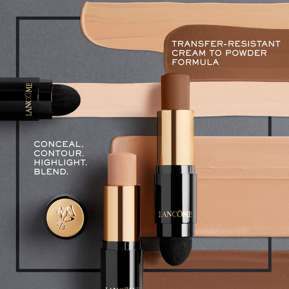 Lancôme foundation stick next to coin showing compact size and portability advantage