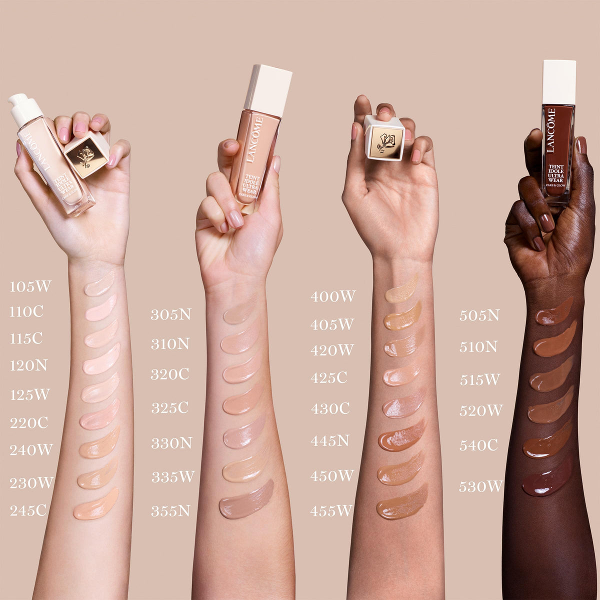 Lancôme foundation swatches on arm showing shade 220C benefit: true-to-tone reference