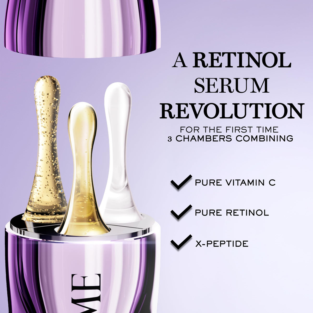 Lancôme multi-chamber dispenser close-up illustrating separate active formula delivery
