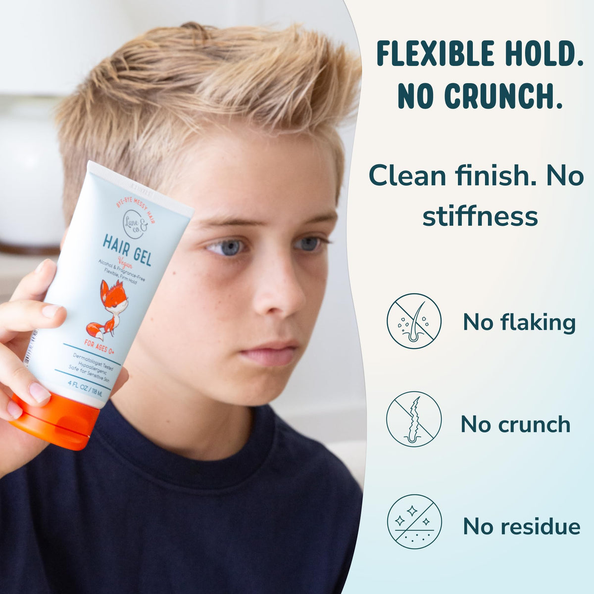 LANE & CO. toddler with styled spikes demonstrating flexible hold benefit