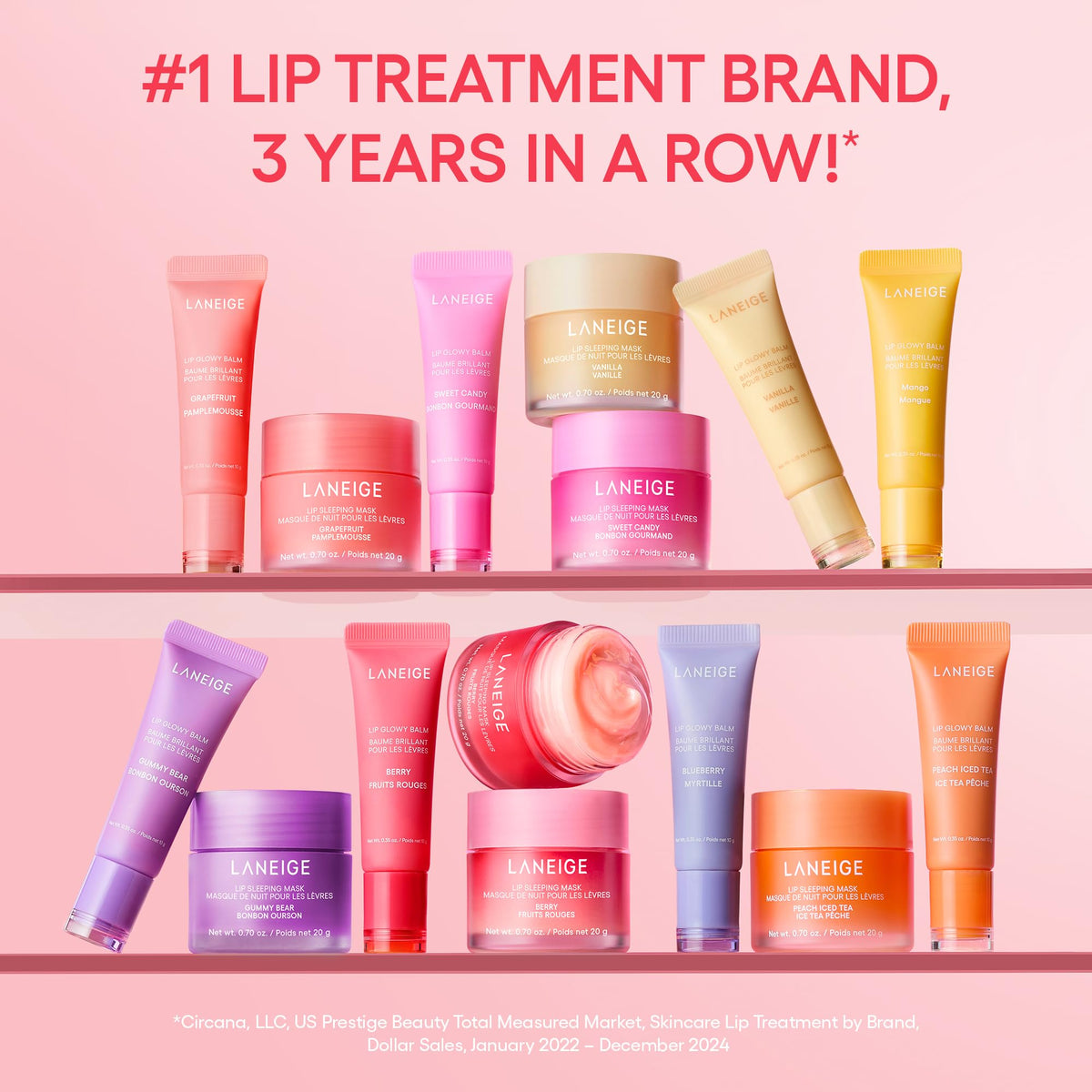 LANEIGE balm layered over lipstick showing added shine and moisturizing boost