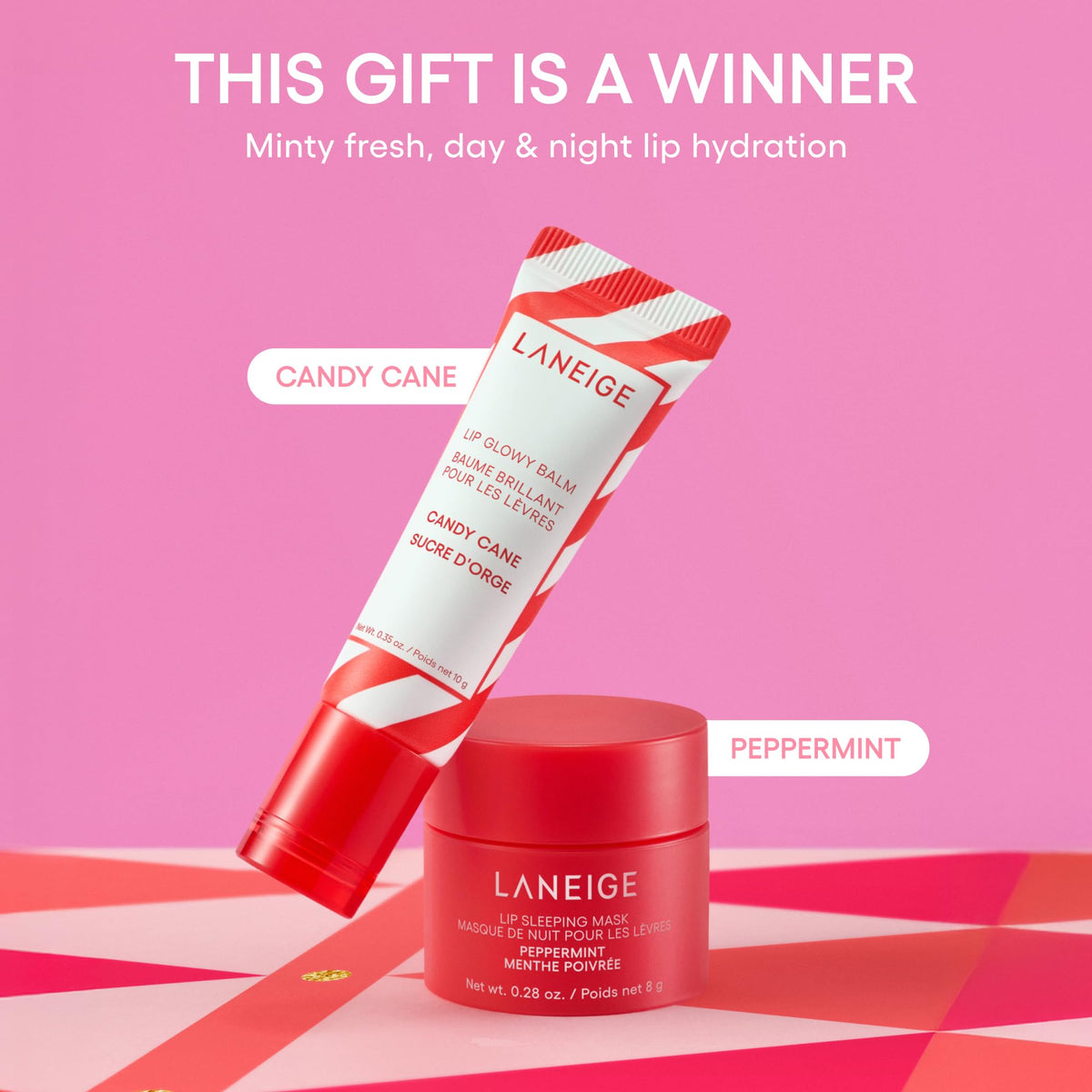 LANEIGE Candy Cane Lip Glowy Balm open with visible product bullet for quick daytime hydration