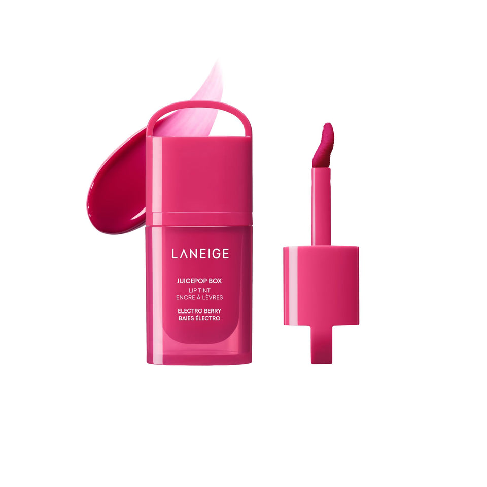 LANEIGE Electro Berry front view showing glossy tube and vibrant shade benefit
