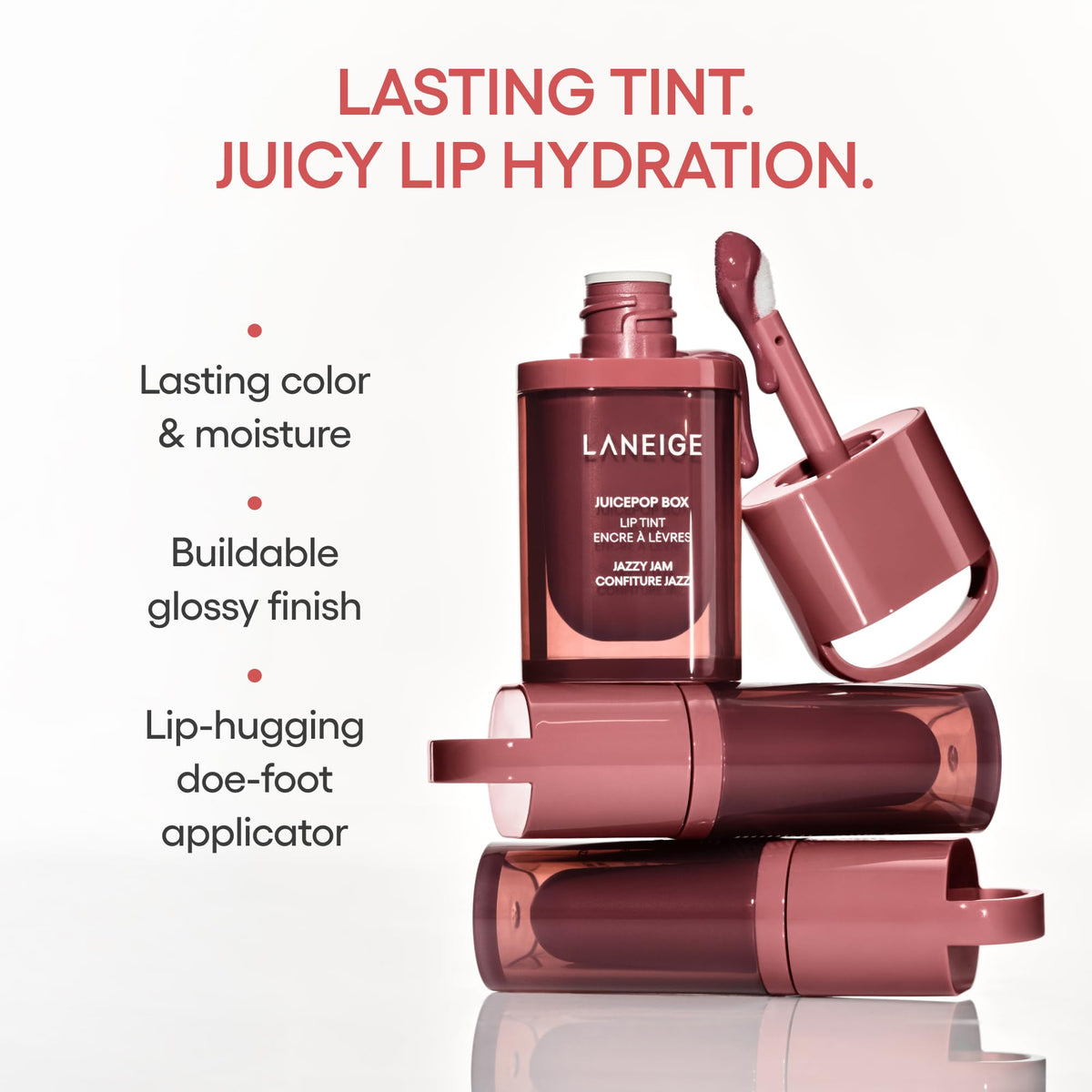 LANEIGE Electro Berry texture swipe demonstrating water‑to‑oil finish benefit